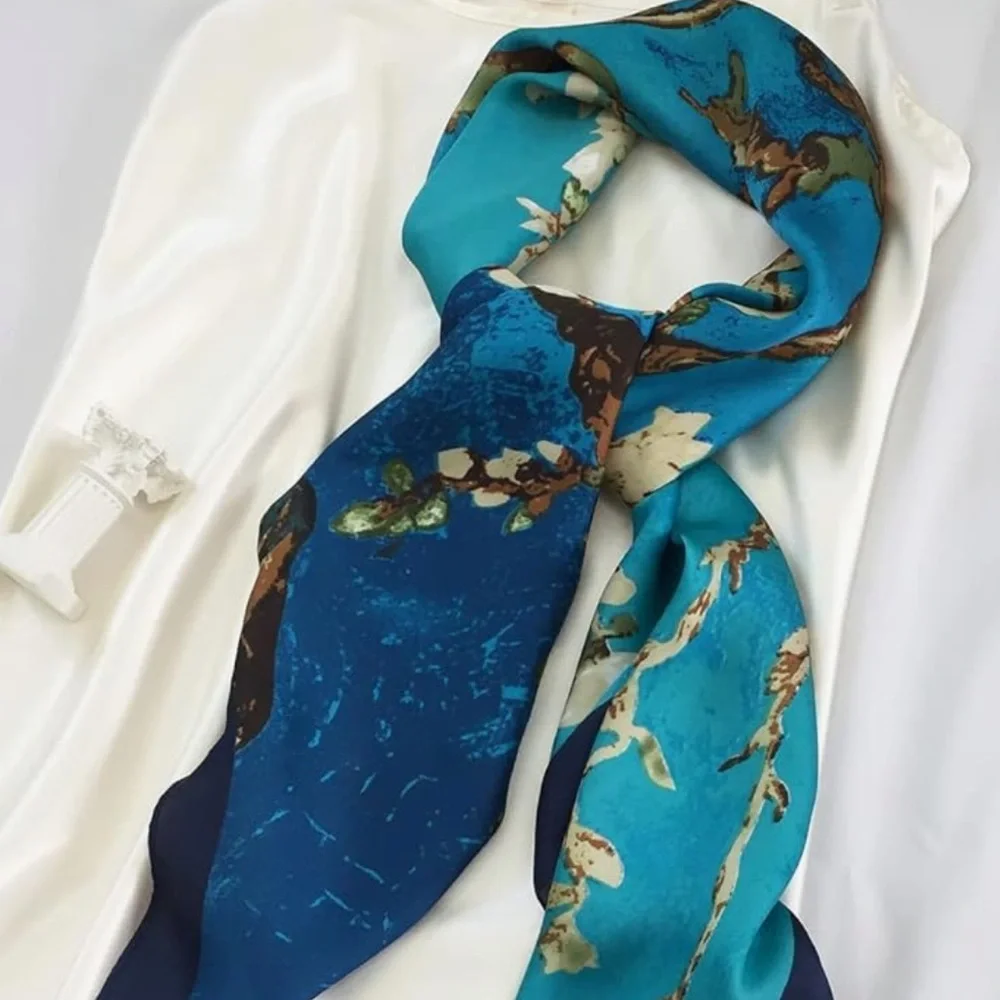Silk like Blue White Flowers Print Head Scarf 35